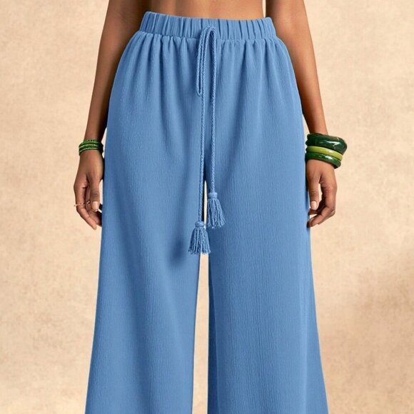 Blue Casual Women's Full Length wide legging flowy Pants - Picture 6 of 7